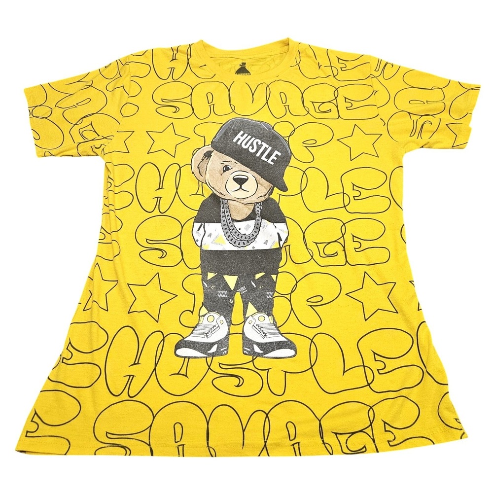 Launder T-Shirt Mens Large Yellow Savage Hustle Drip Bear Graphic Streetwear